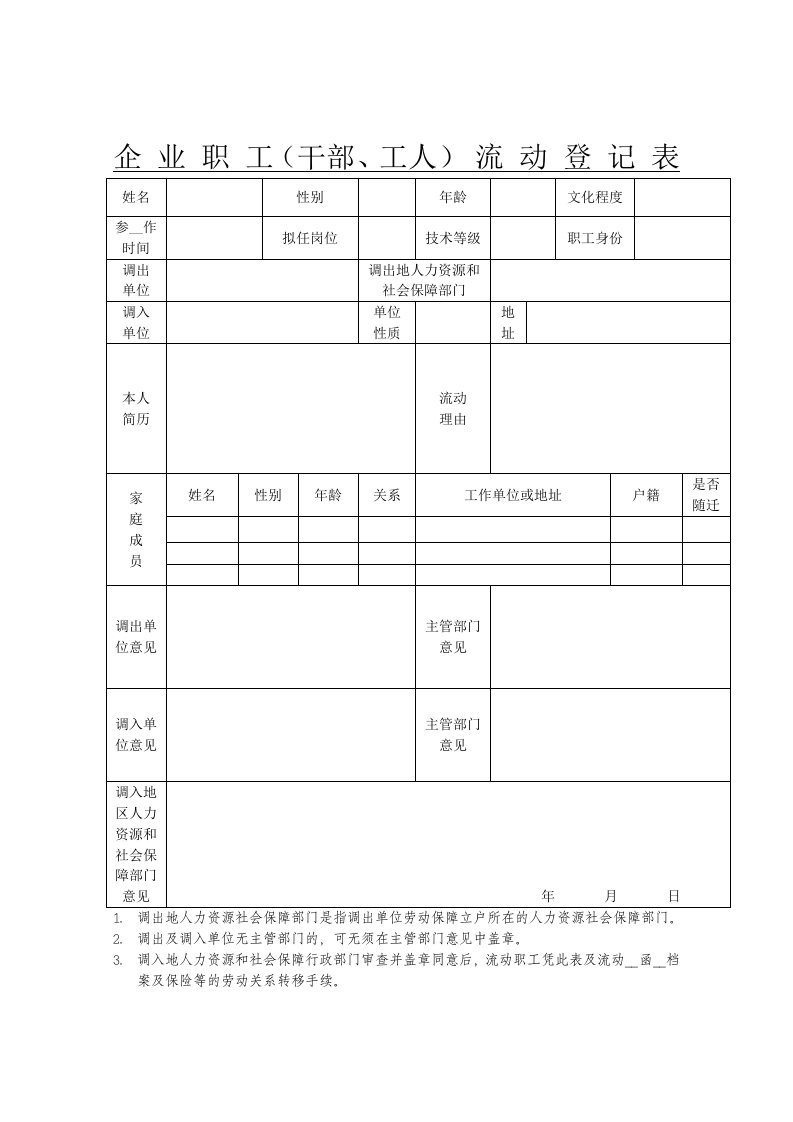 企业职工(干部、工人)流动登记表