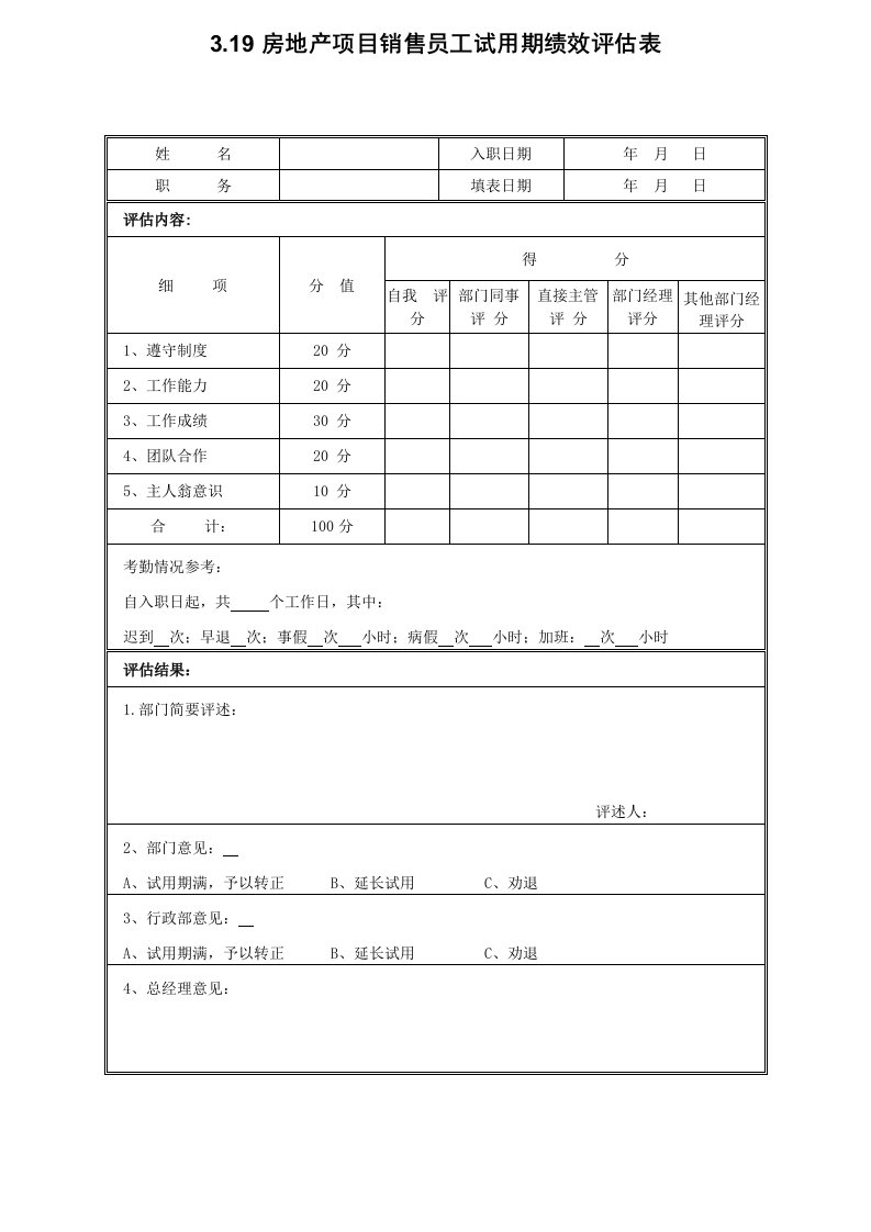 促销管理-319房地产项目销售员工试用期绩效评估表