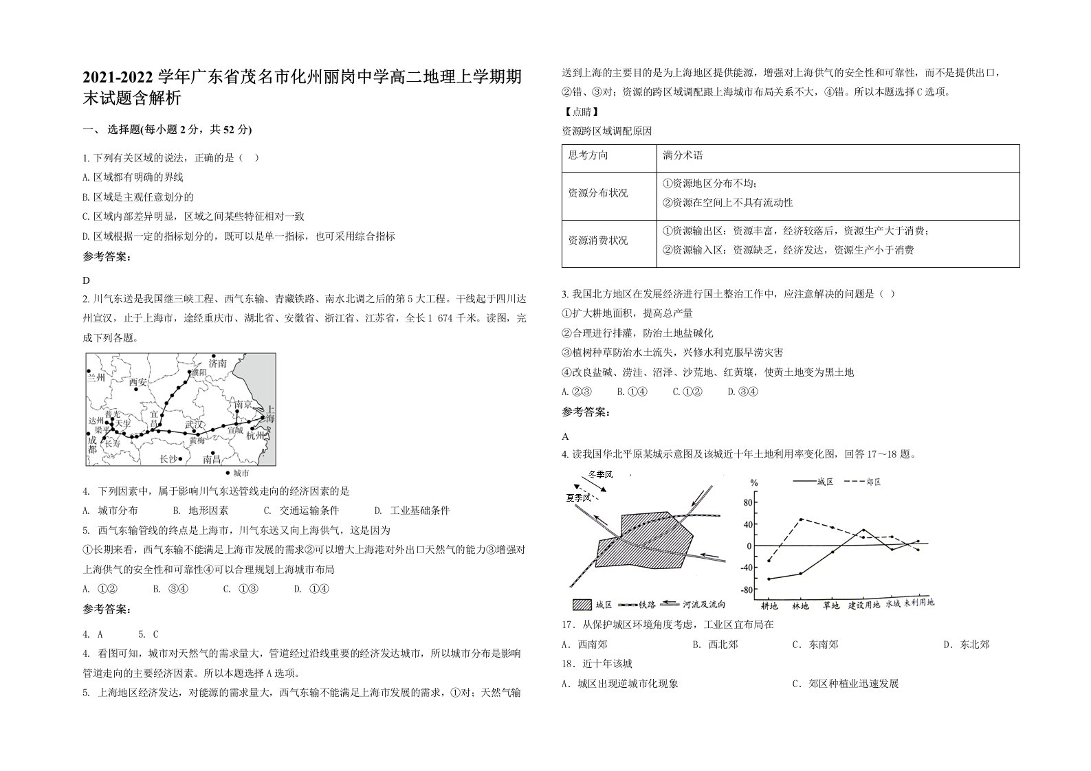 2021-2022学年广东省茂名市化州丽岗中学高二地理上学期期末试题含解析