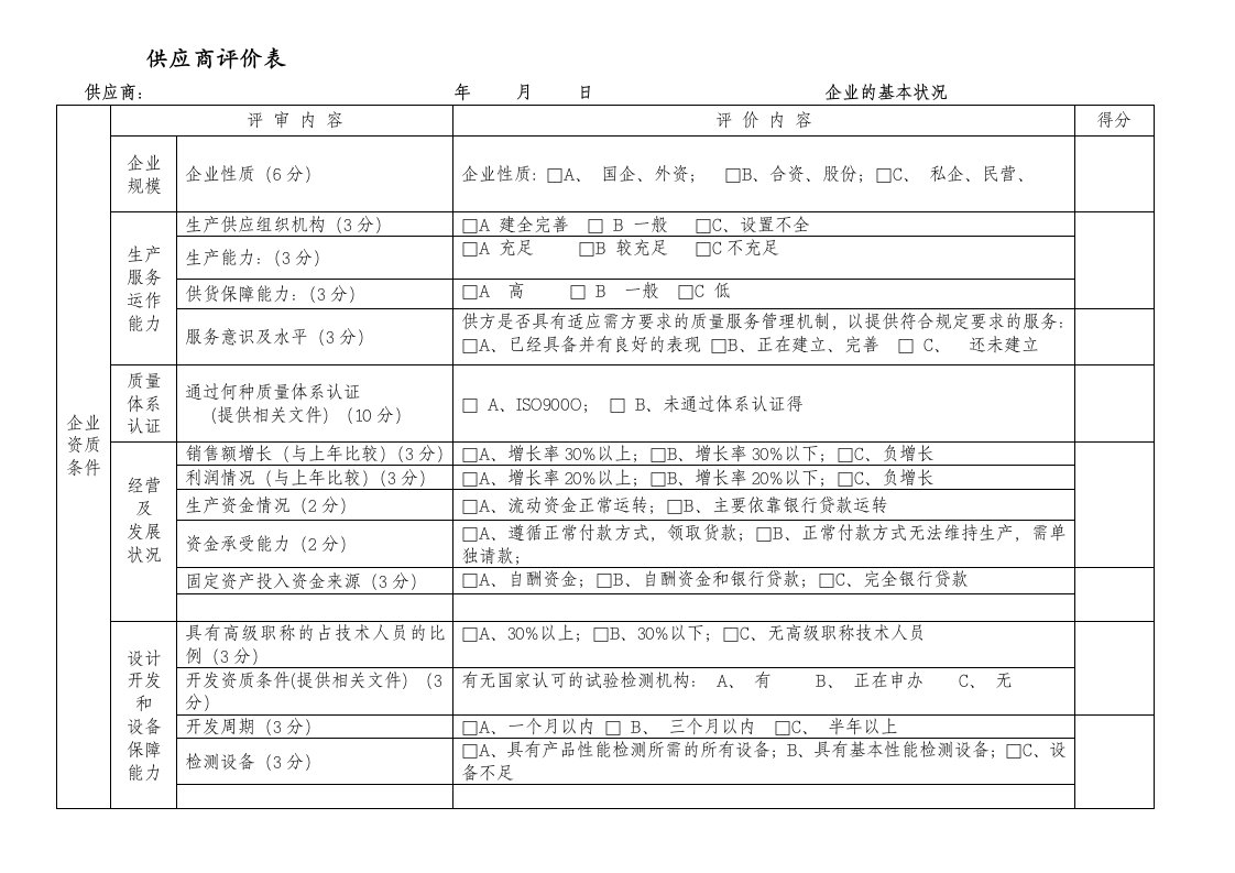 供应商评价表