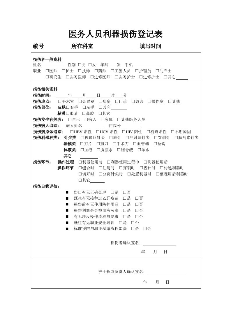 医务人员利器损伤登记表