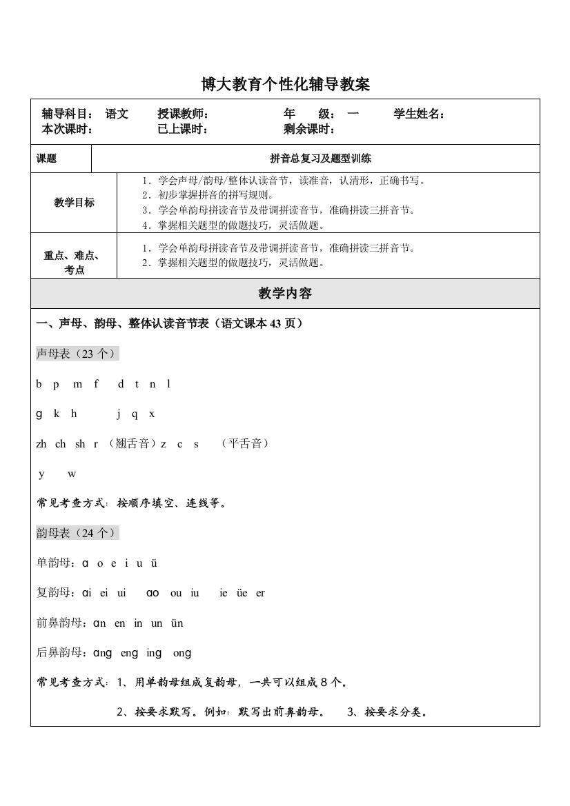 一年级拼音总复习及题型训练