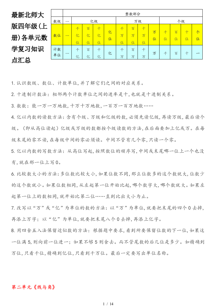 最新北师大版四年级(上册)各单元数学复习知识点汇总