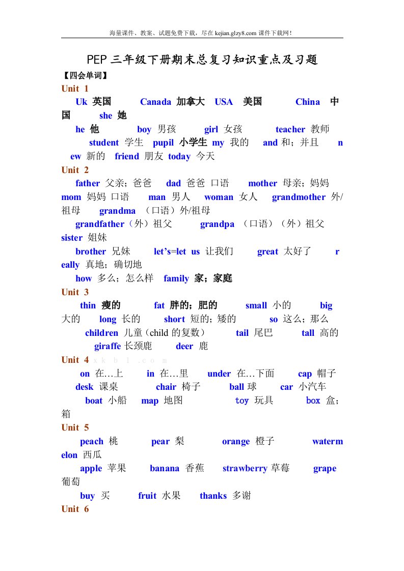 2013新版人教版pep小学英语三年级下册期末总复习知识点归纳教案.doc