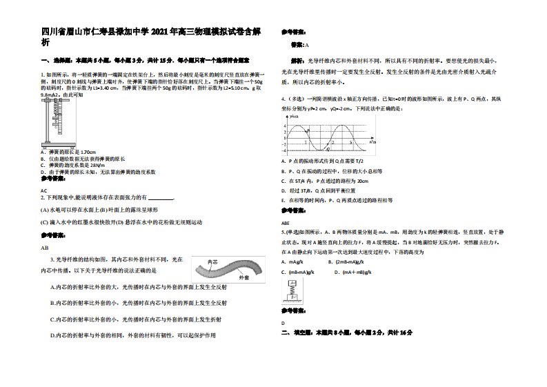 四川省眉山市仁寿县禄加中学2021年高三物理模拟试卷带解析