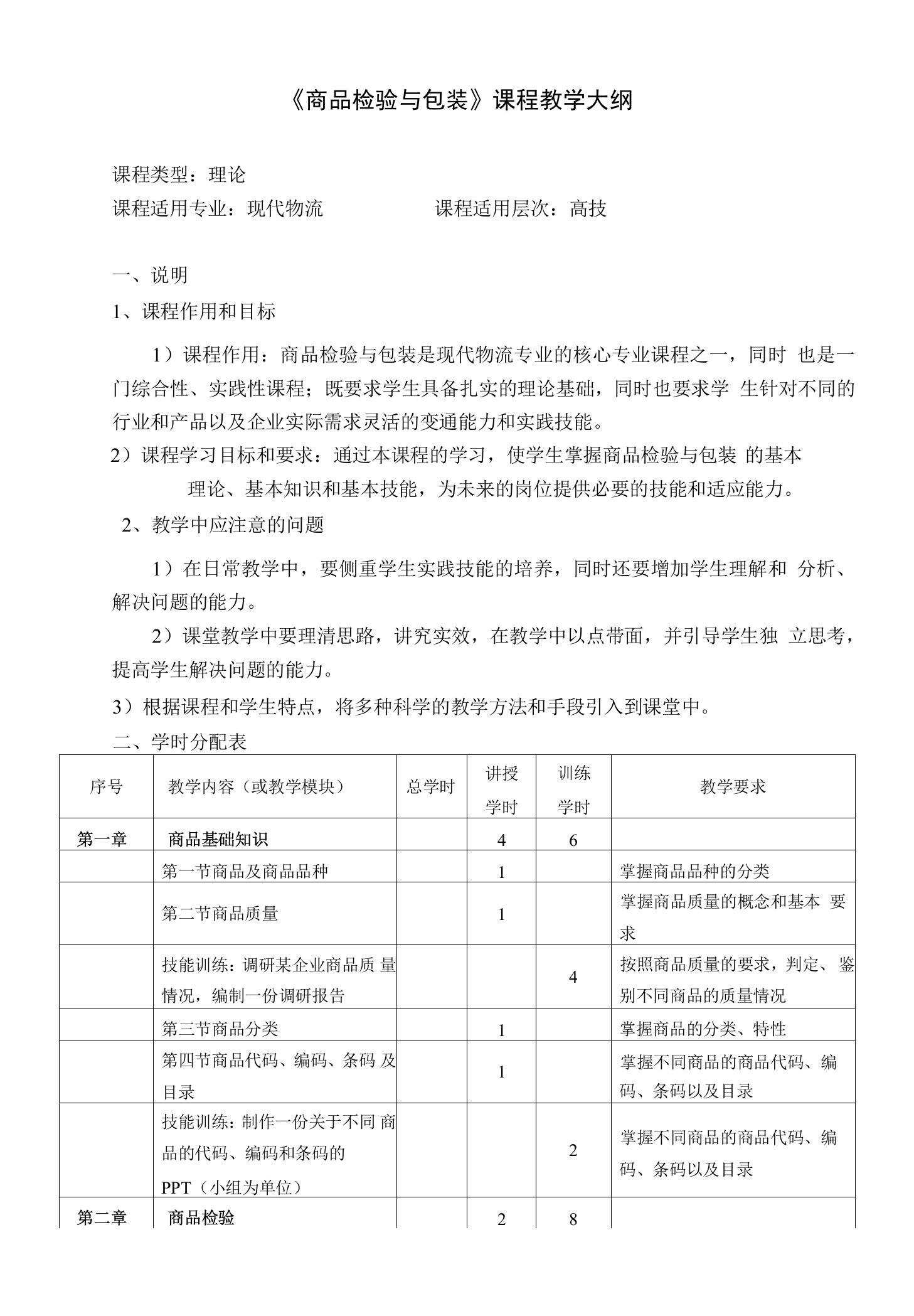 《商品检验与包装》教学大纲-16物流高技