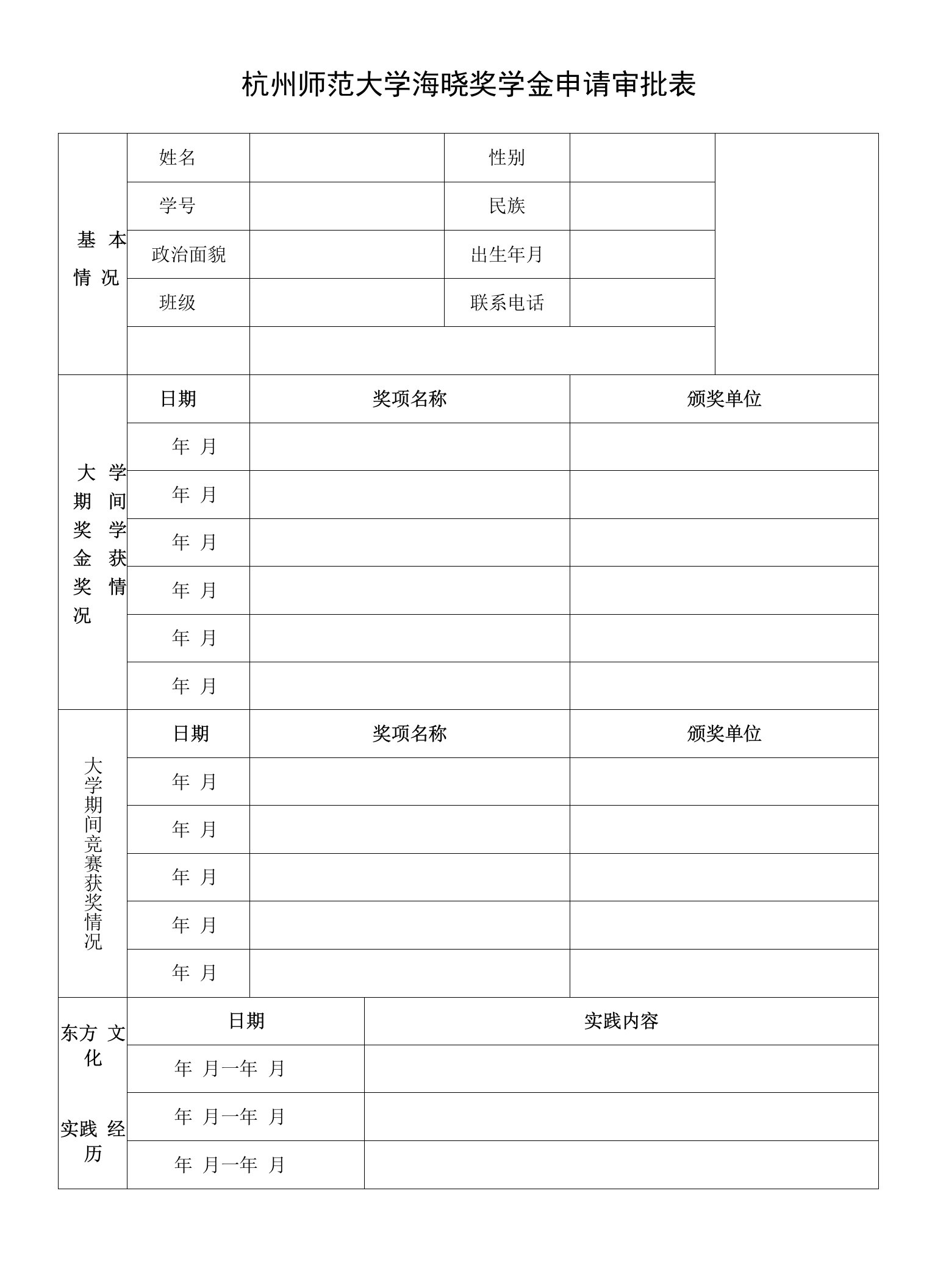 杭州师范大学海晓奖学金申请审批表