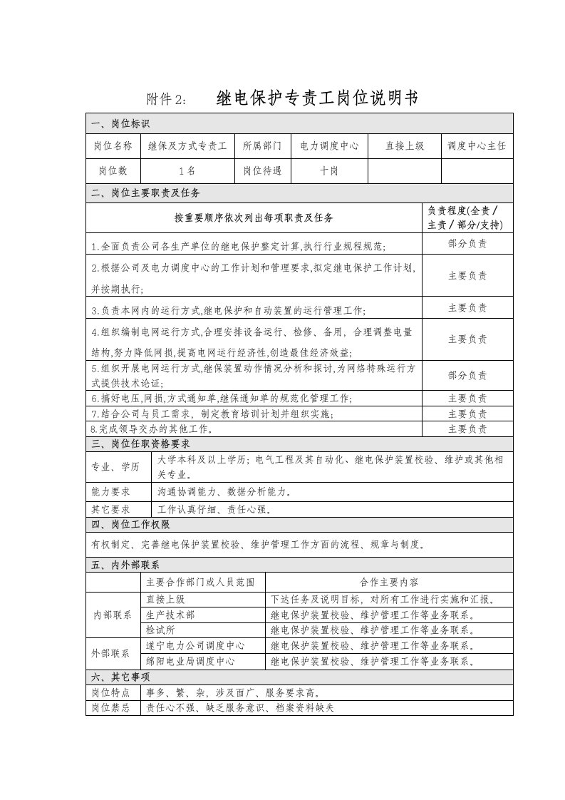 继电保护专责工岗位说明书