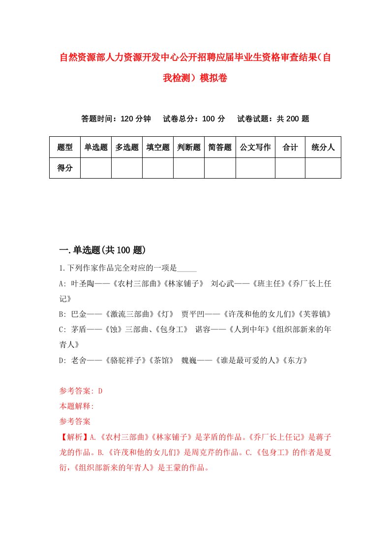 自然资源部人力资源开发中心公开招聘应届毕业生资格审查结果自我检测模拟卷第6版