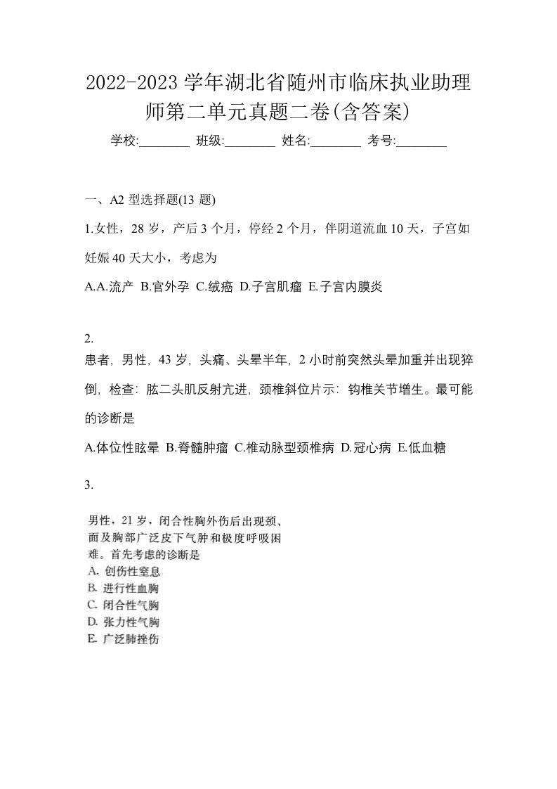 2022-2023学年湖北省随州市临床执业助理师第二单元真题二卷含答案