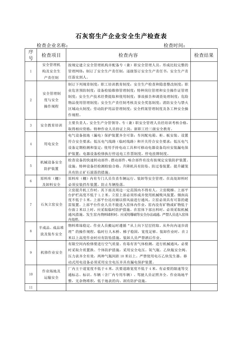 石灰窑生产企业安全生产检查表