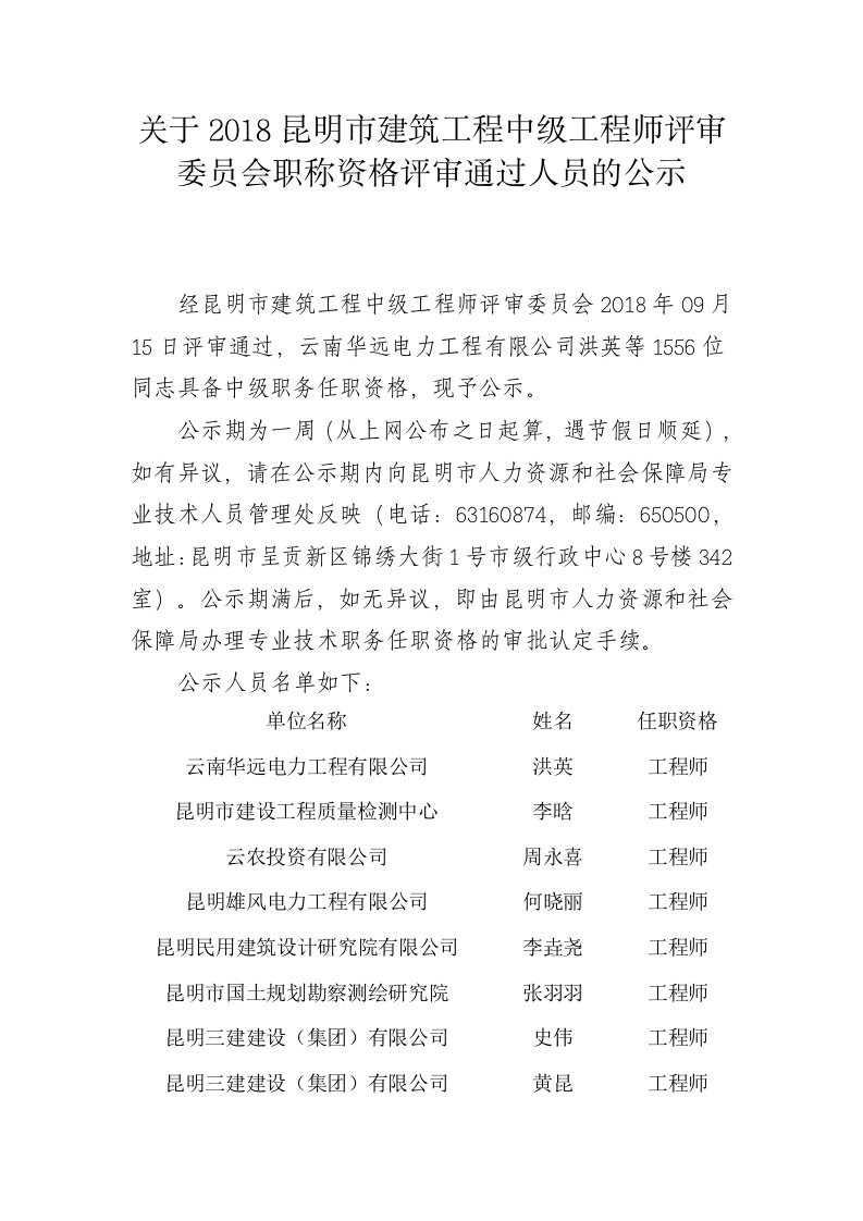 关于2018昆明市建筑工程中级工程师评审委员会职称资格评审