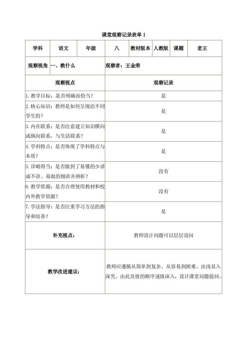 【王金荣】课堂观察记录表单