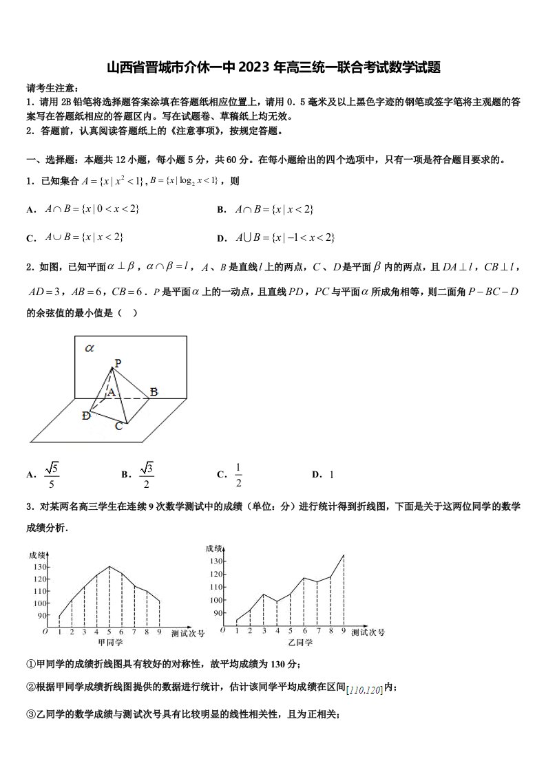 山西省晋城市介休一中2023年高三统一联合考试数学试题