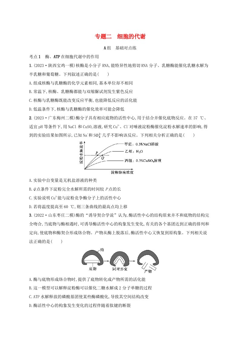 适用于新高考新教材2024版高考生物二轮复习专题突破练2细胞的代谢