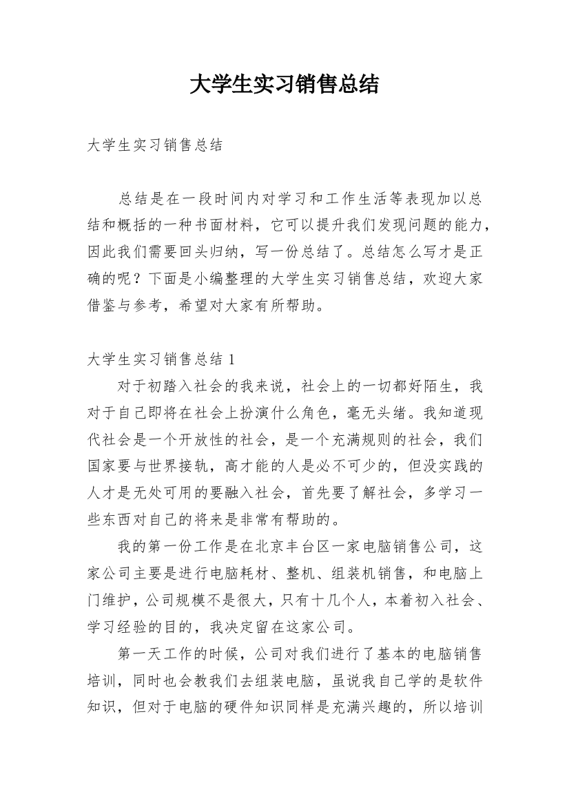 大学生实习销售总结