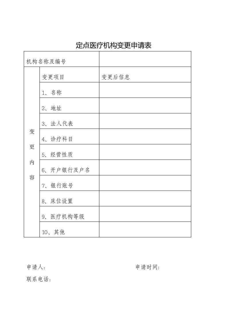 定点医疗机构变更申请表