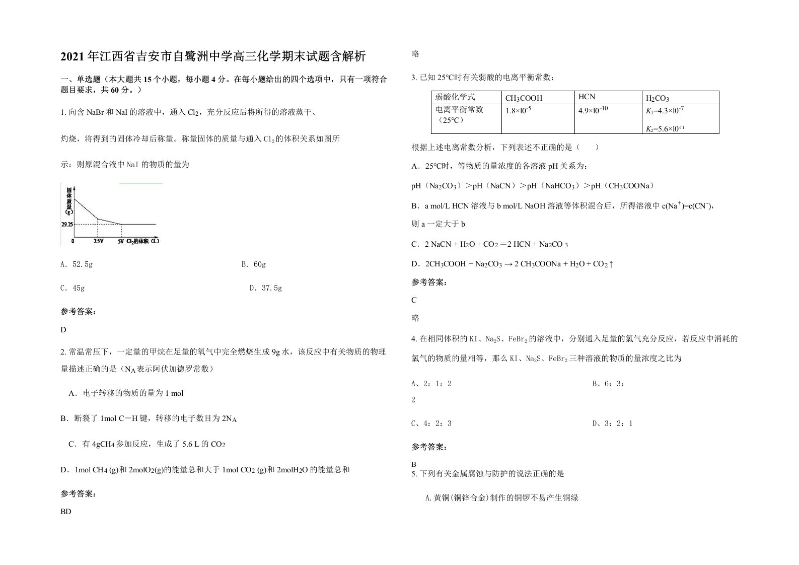 2021年江西省吉安市自鹭洲中学高三化学期末试题含解析