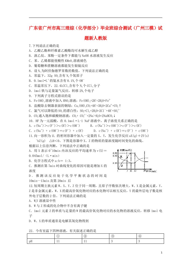 广东省广州市高三理综（化学部分）毕业班综合测试（广州三模）试题新人教版