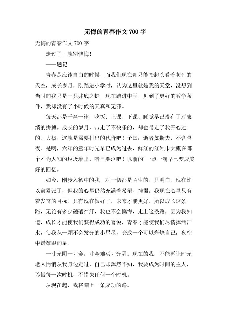 无悔的青春作文700字