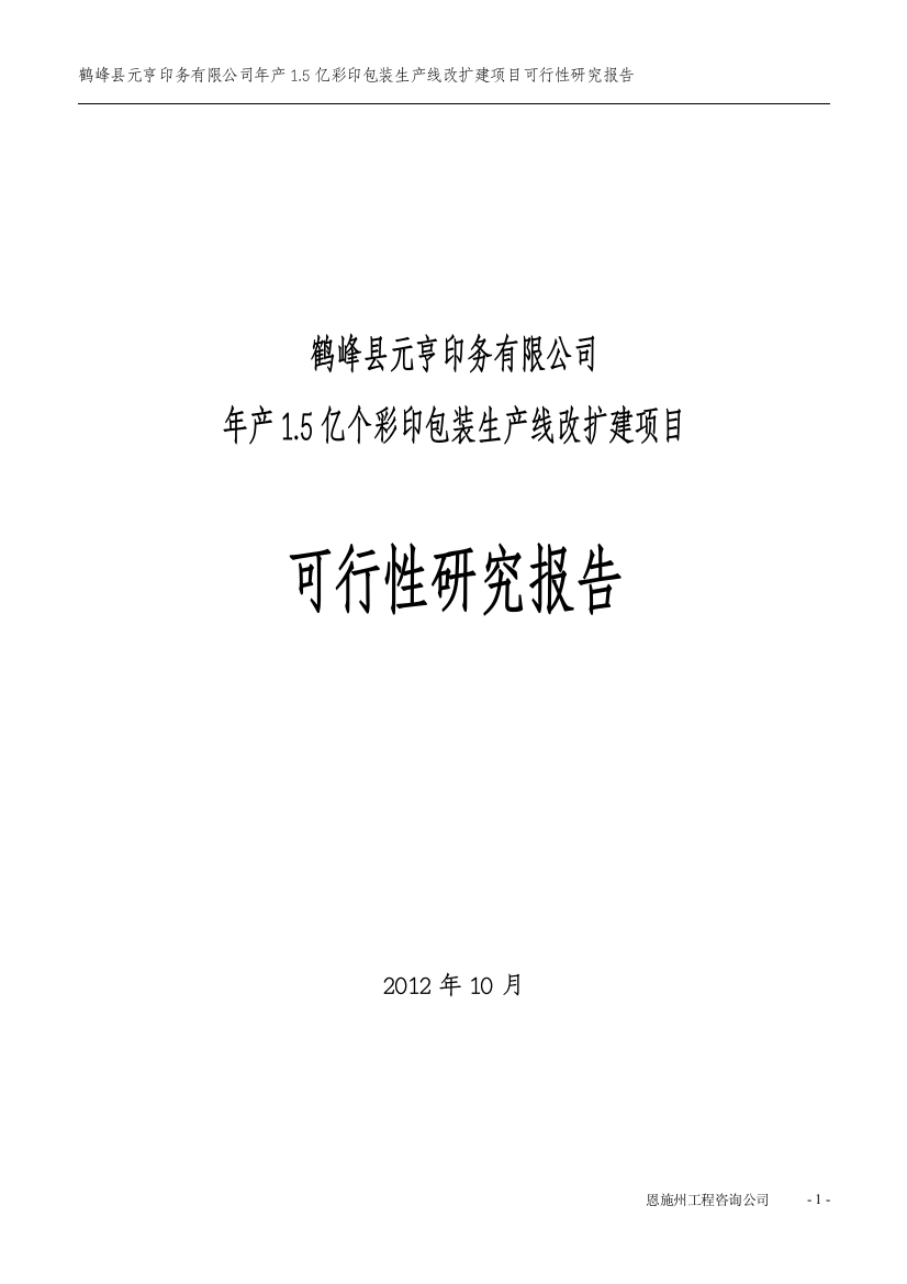 年产5亿个彩印包装生产线改扩建项目可行性研究报告