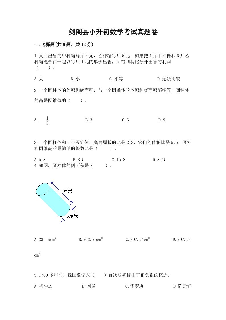 剑阁县小升初数学考试真题卷推荐