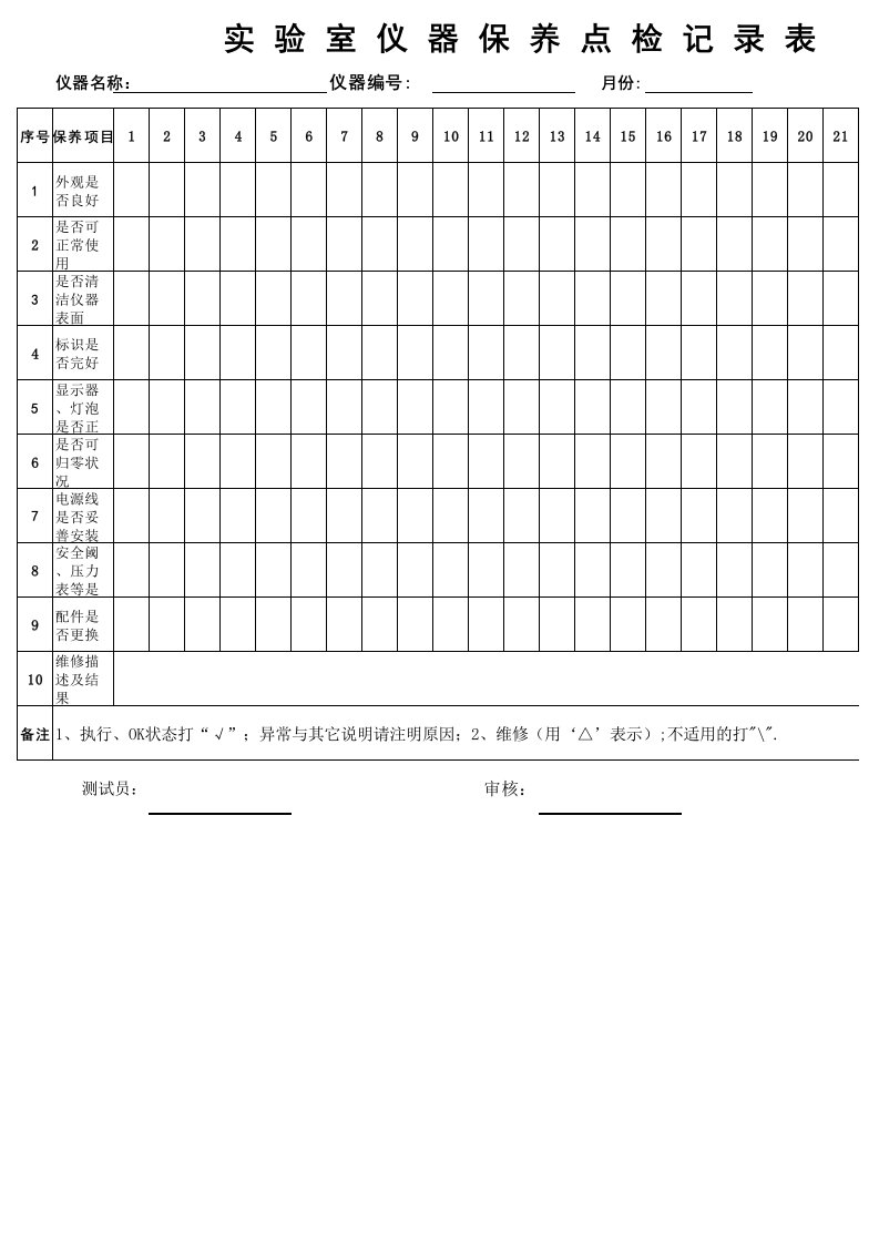 实验室仪器保养点检记录表