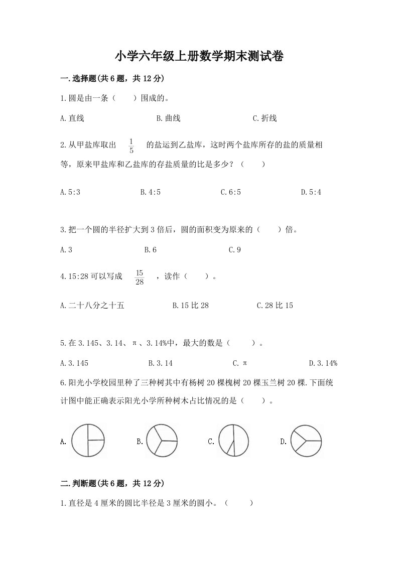 小学六年级上册数学期末测试卷【突破训练】