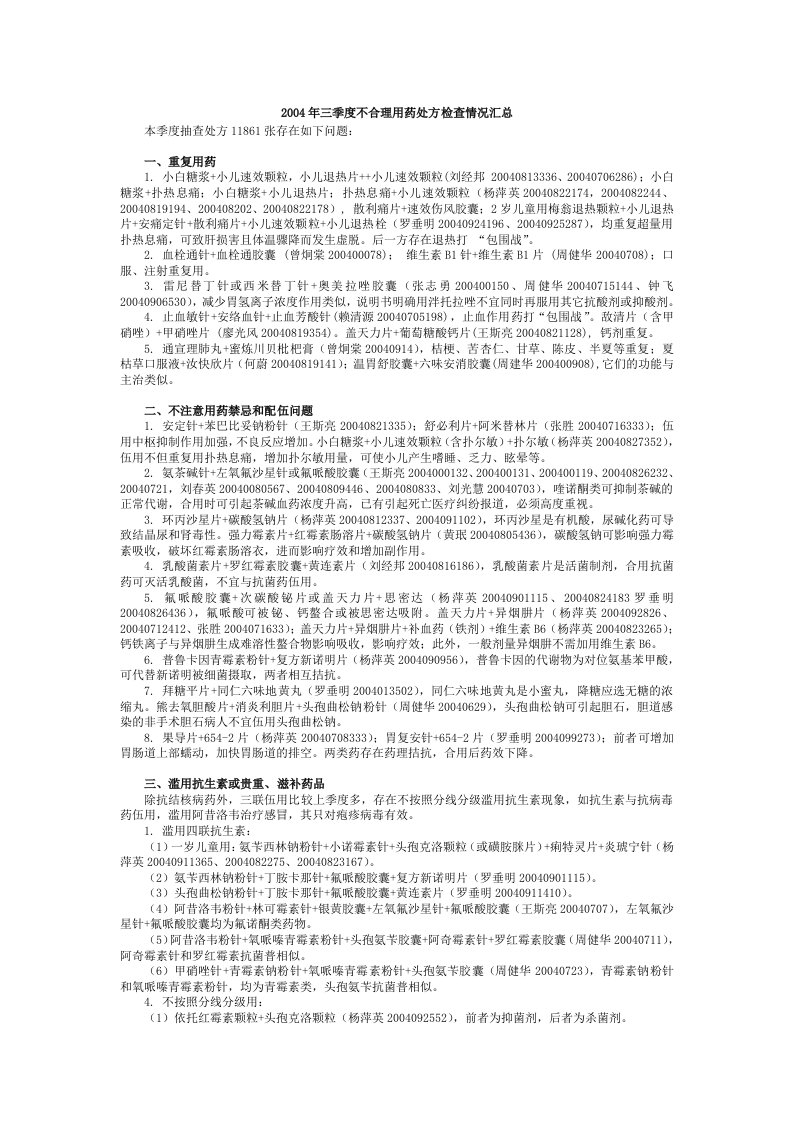 2004年三季度不合理用药处方检查情况汇总