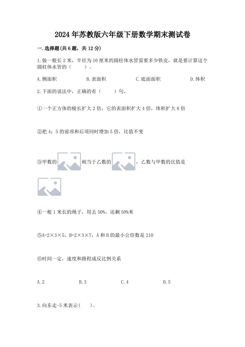 2024年苏教版六年级下册数学期末测试卷及完整答案【各地真题】