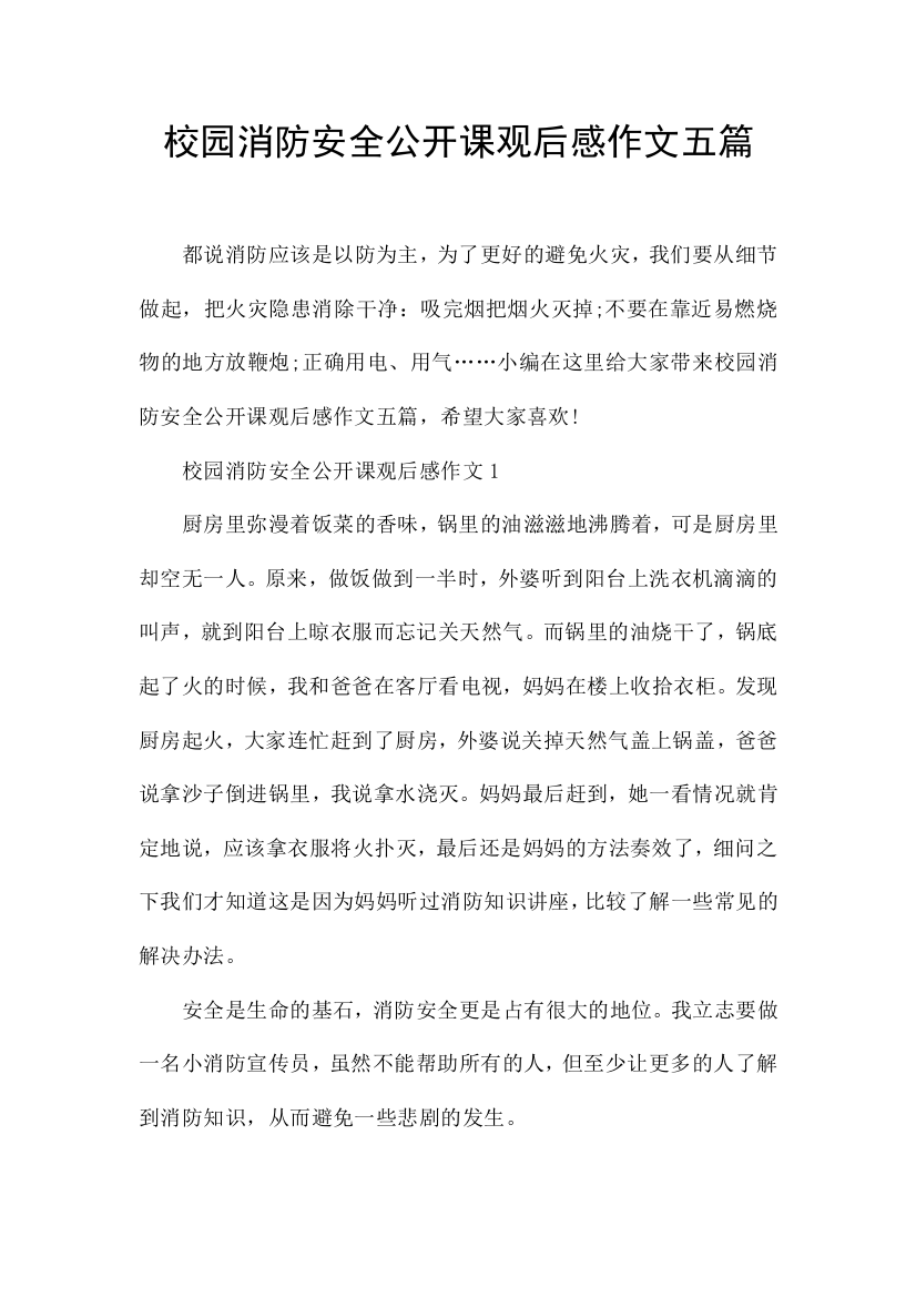 校园消防安全公开课观后感作文五篇