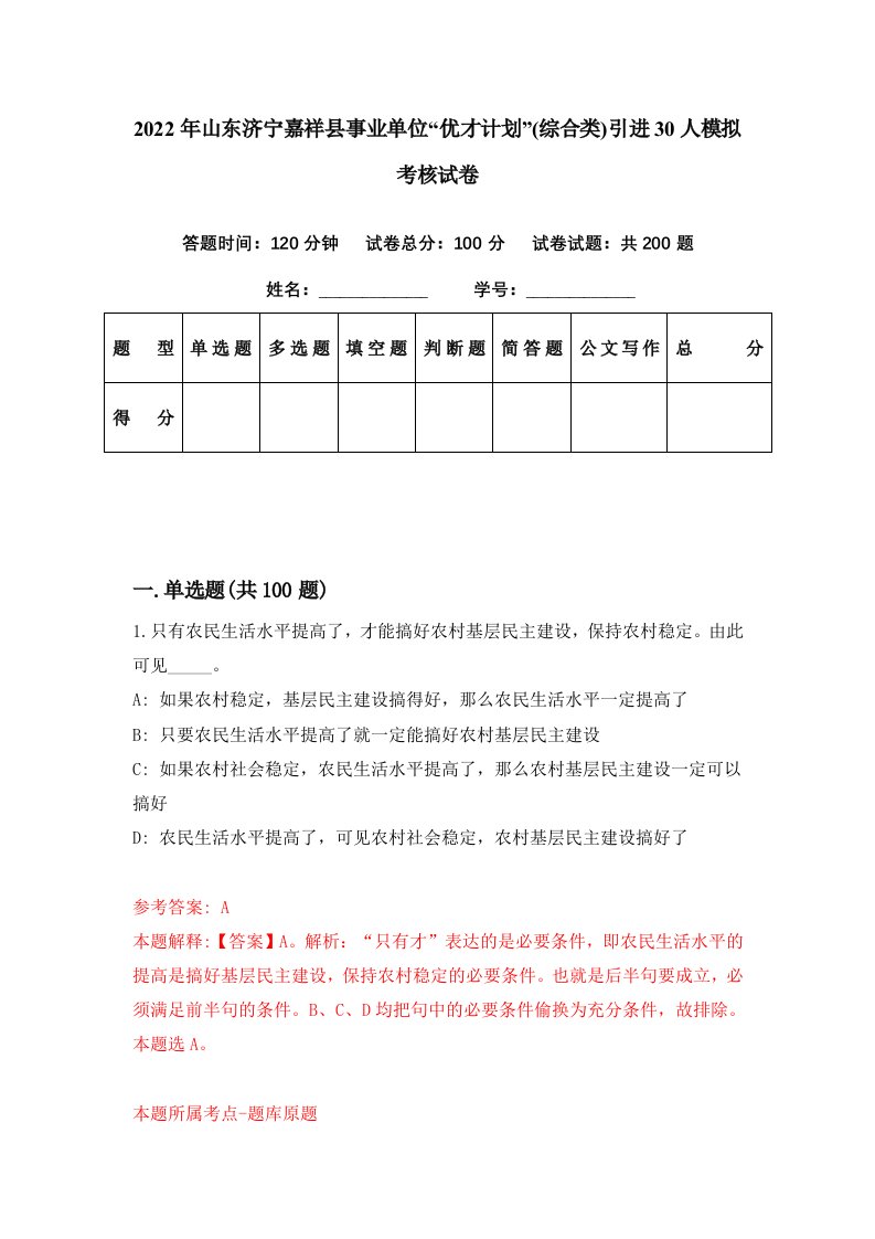 2022年山东济宁嘉祥县事业单位优才计划综合类引进30人模拟考核试卷1