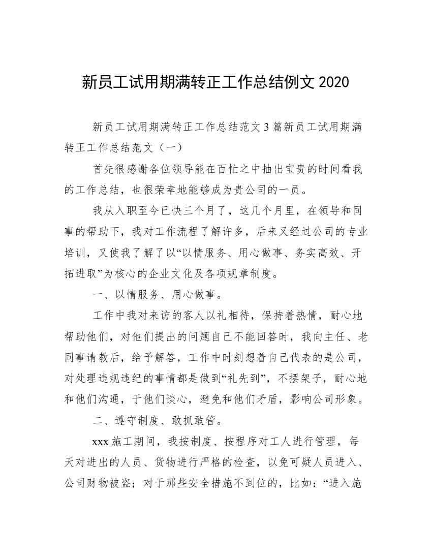 新员工试用期满转正工作总结例文2020