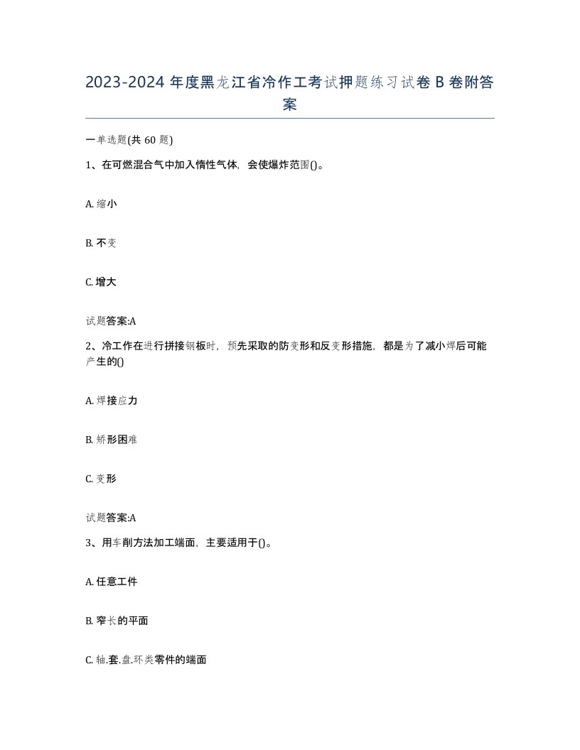 20232024年度黑龙江省冷作工考试押题练习试卷B卷附答案