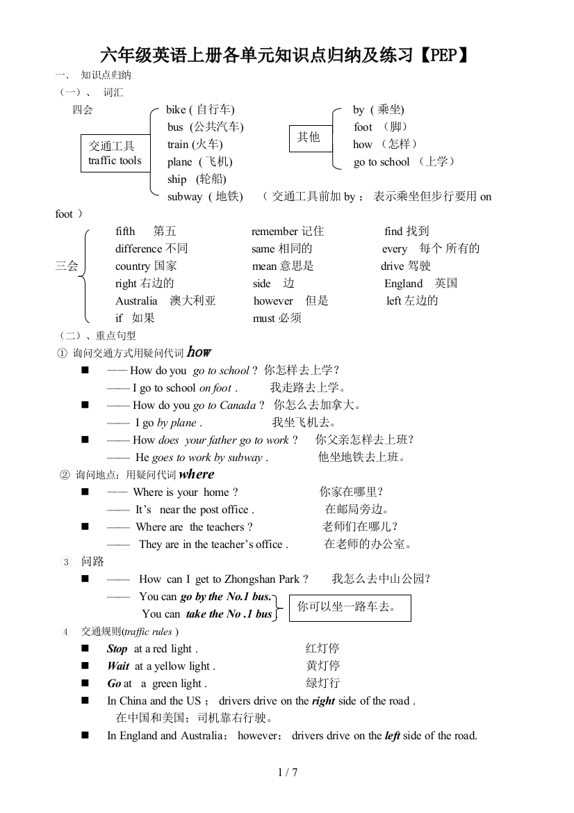 六年级英语上册各单元知识点归纳及练习【PEP】