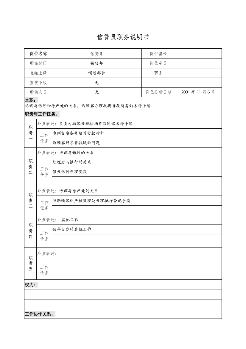 宝地建设集团销售部信贷员职务说明书