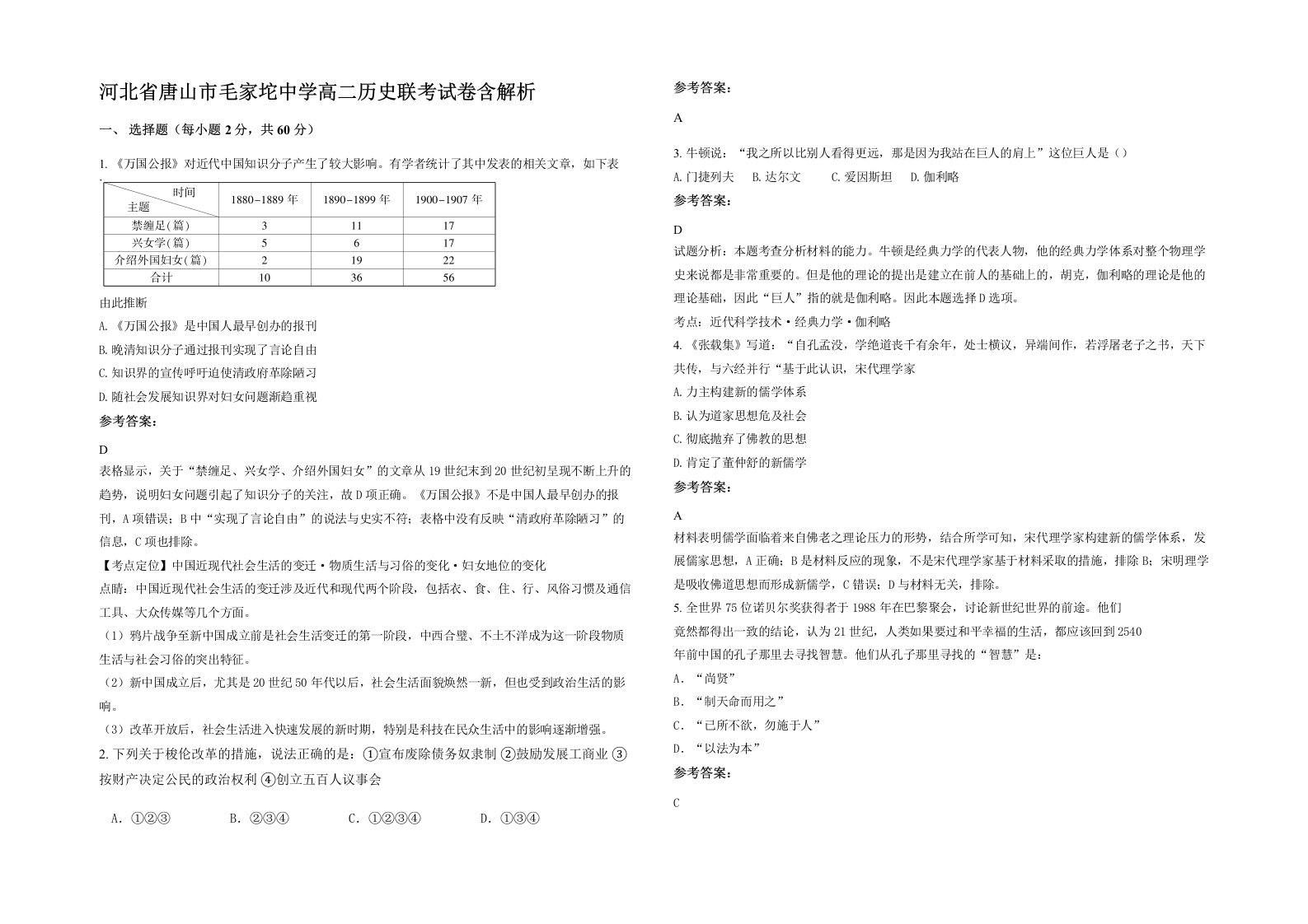 河北省唐山市毛家坨中学高二历史联考试卷含解析