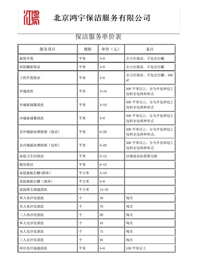 保洁服务项目报价表