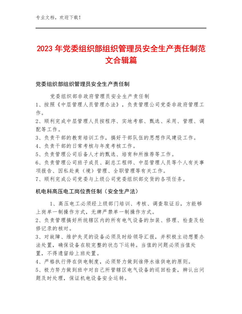 2023年党委组织部组织管理员安全生产责任制范文合辑篇