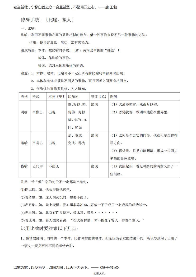 小学修辞手法比喻、拟人知识点及试题