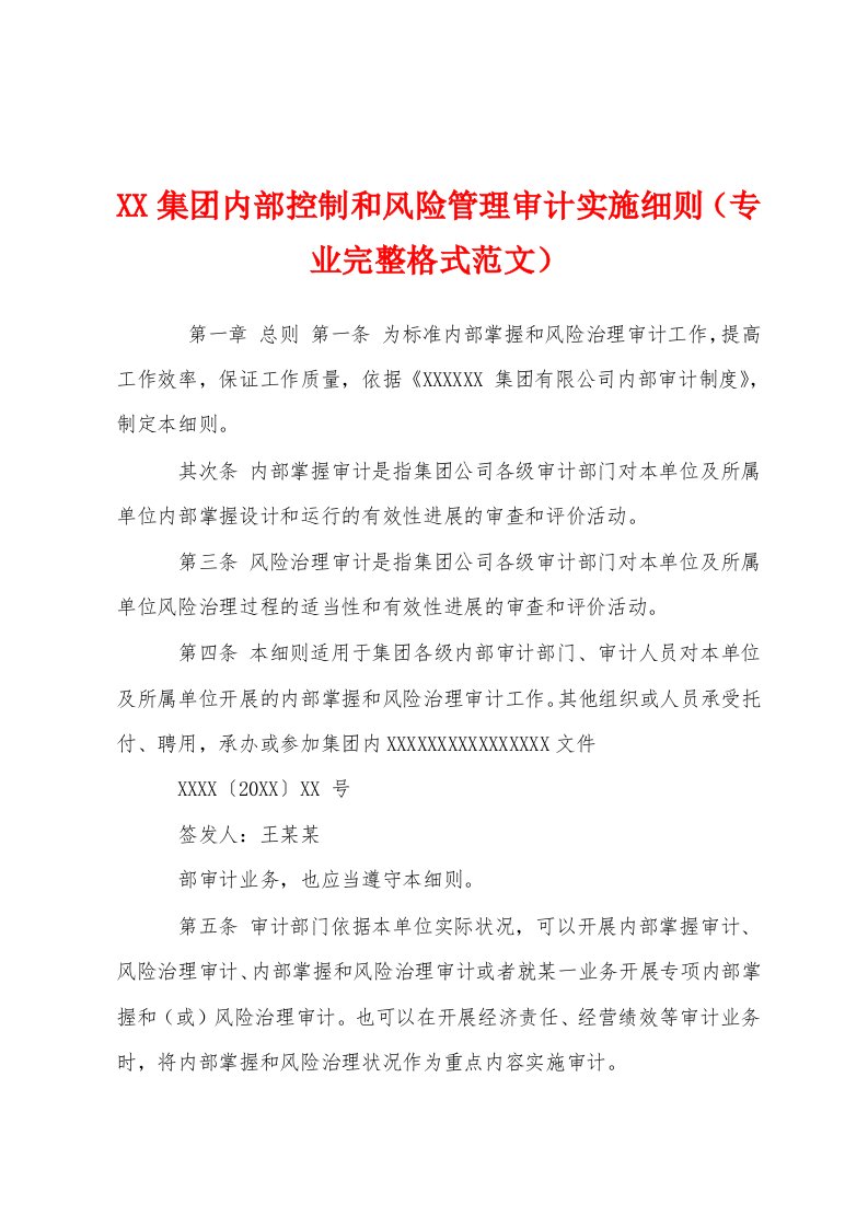 集团内部控制和风险管理审计实施细则（专业格式范文）