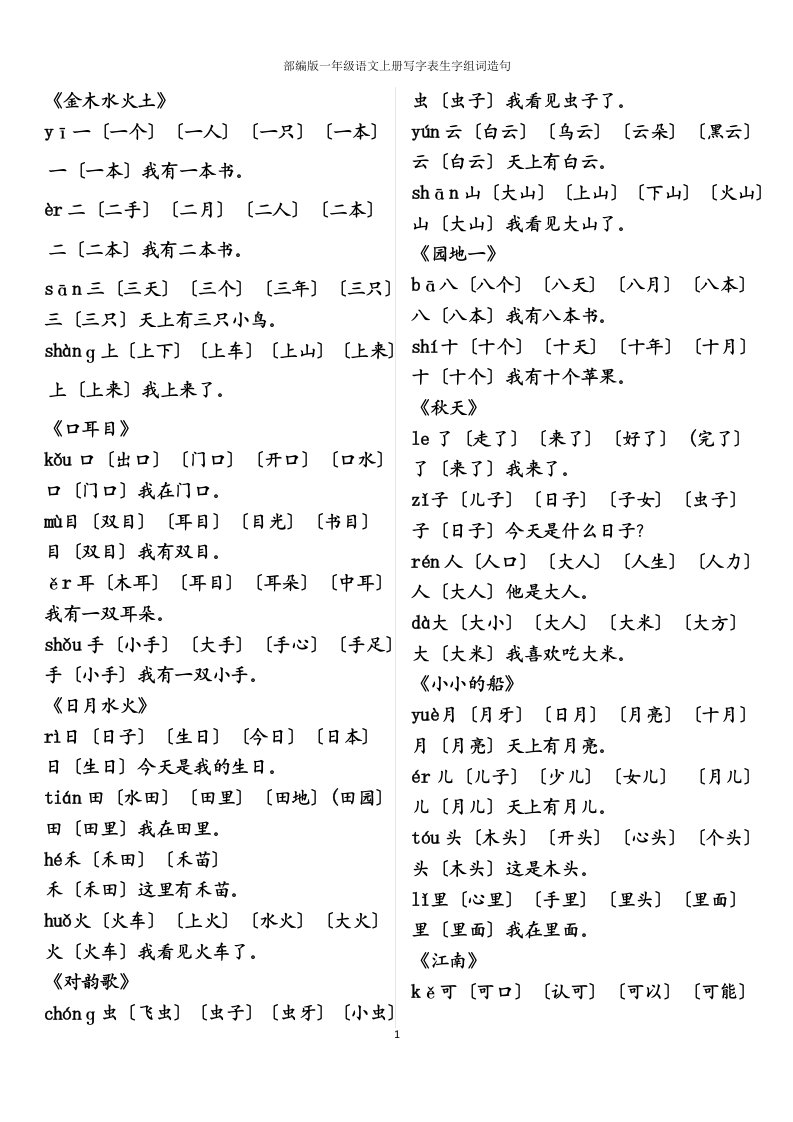 部编版语文一年级上册写字表生字组词造句