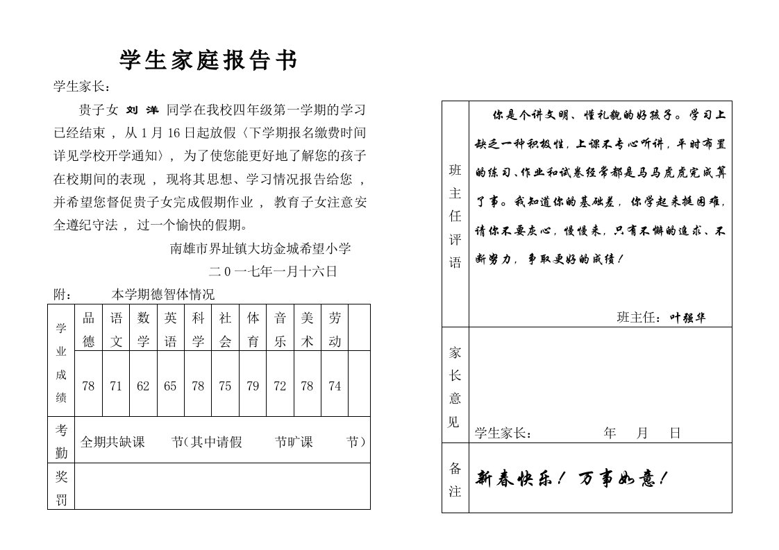 实用中小学家庭报告书模板