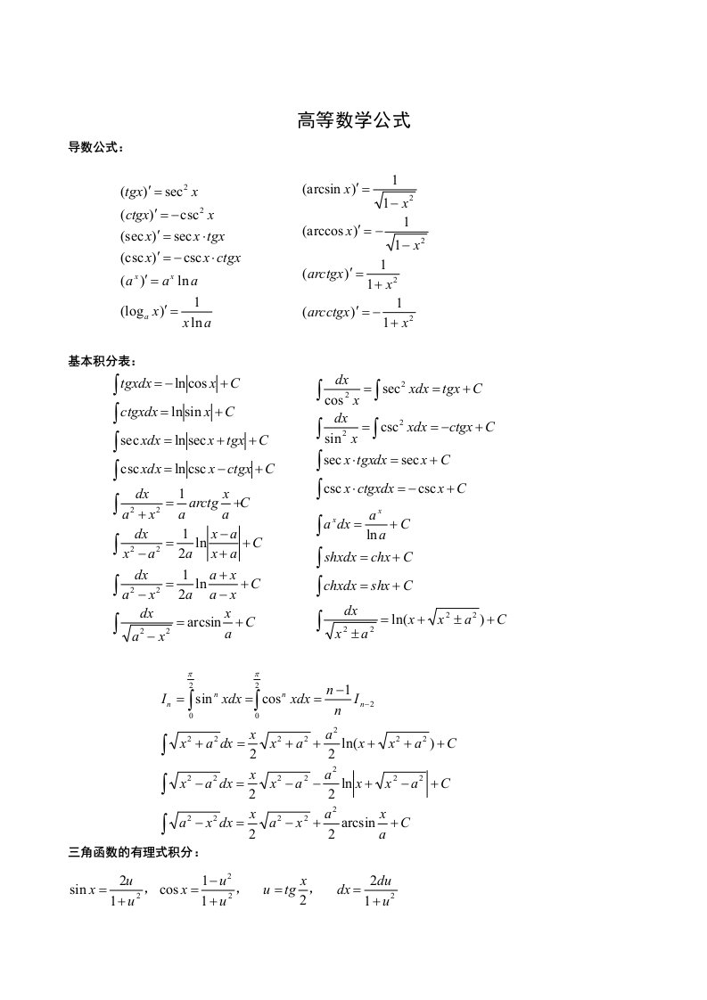 天整理高等数学公式手册