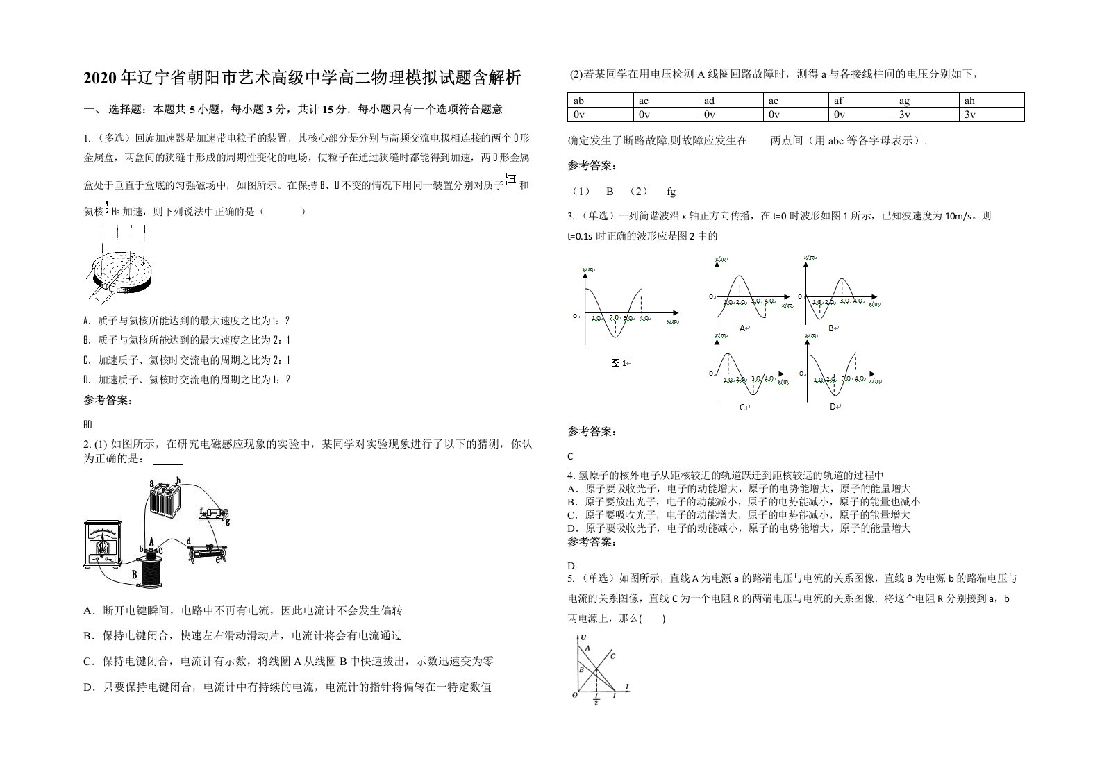 2020年辽宁省朝阳市艺术高级中学高二物理模拟试题含解析