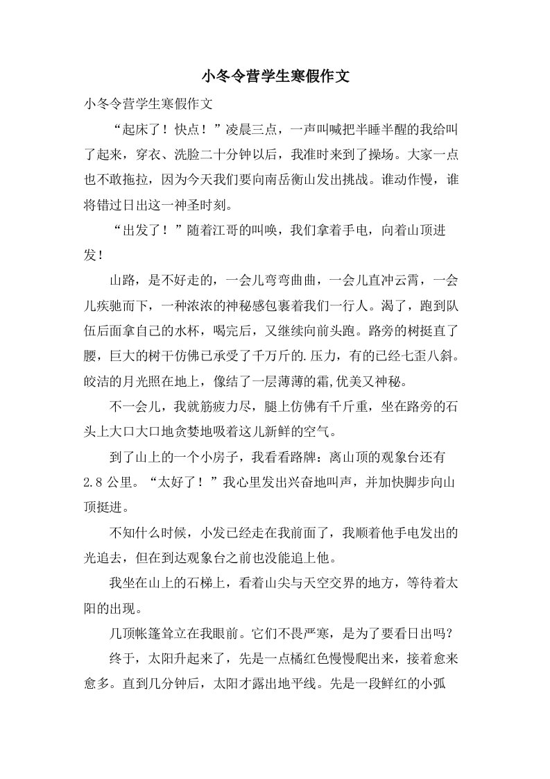 小冬令营学生寒假作文