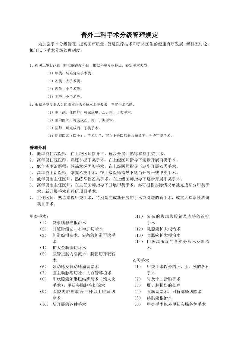 普外二科手术分级管理规定