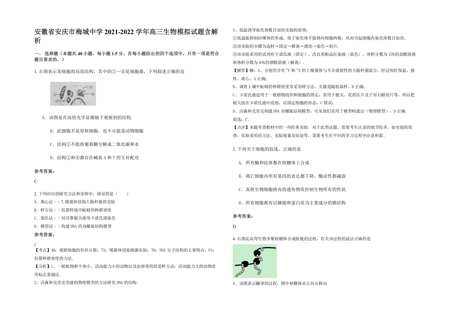 安徽省安庆市梅城中学2021-2022学年高三生物模拟试题含解析