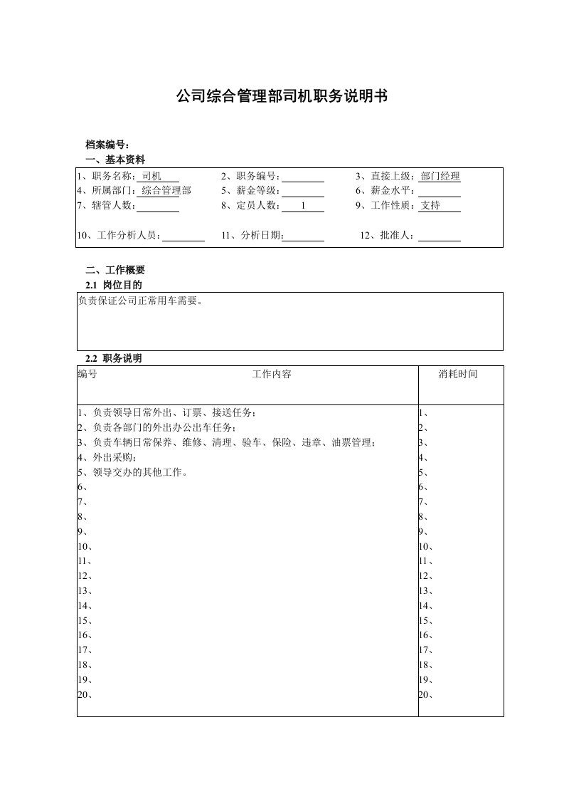 公司综合管理部司机职务说明书