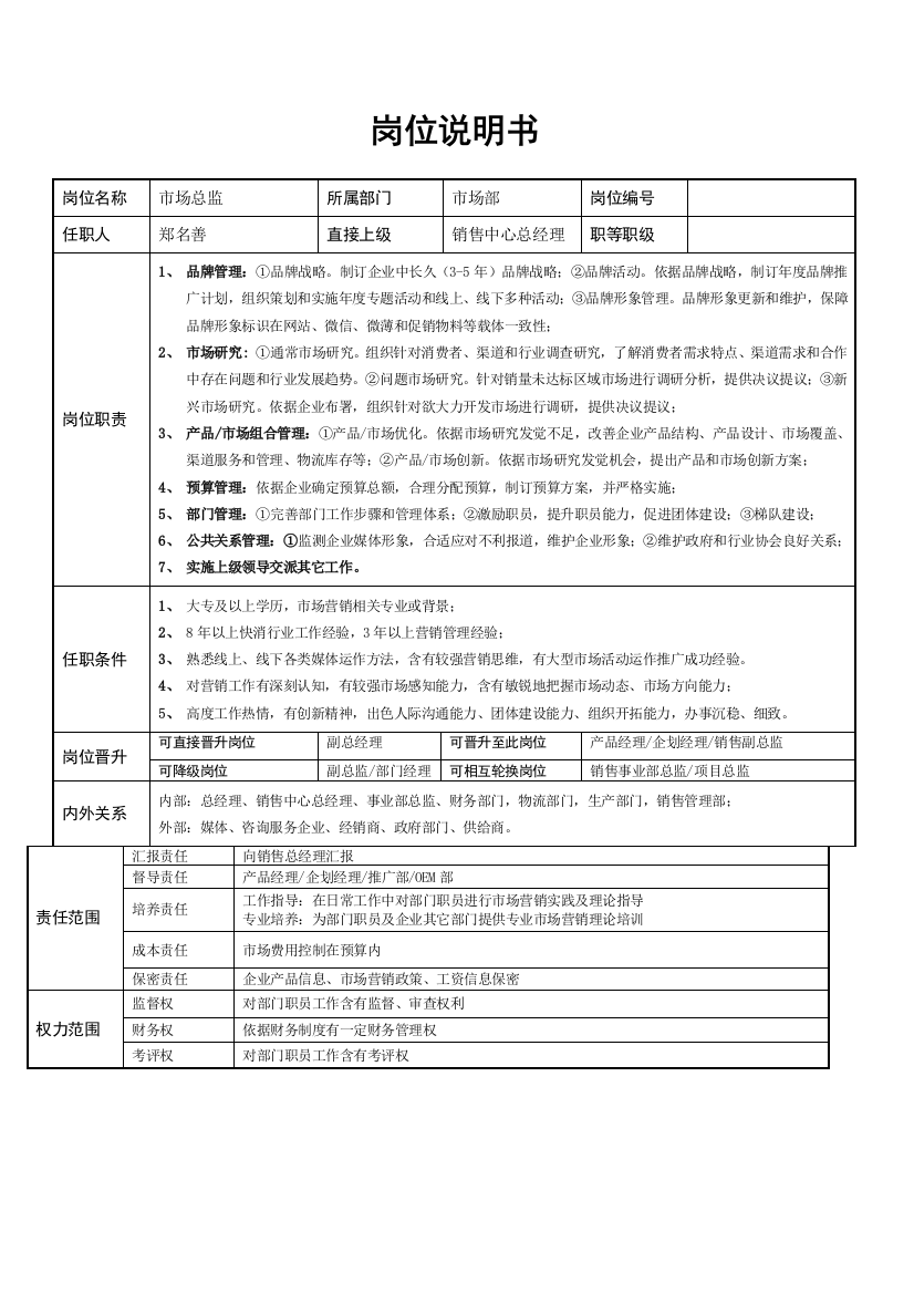 市场部岗位说明指导书